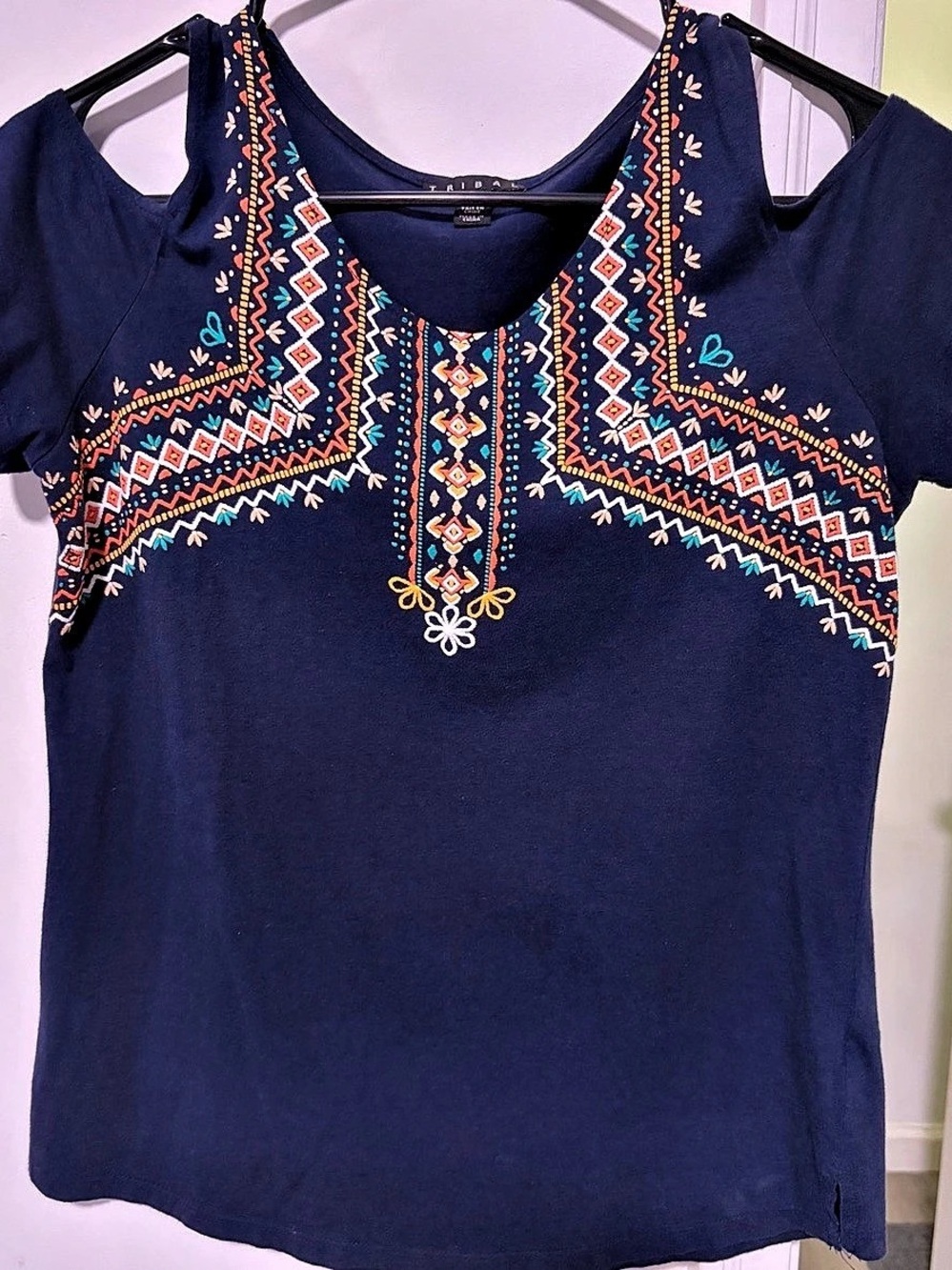 Tribal Embroidered Short Sleeve Top in Blue Size Medium
